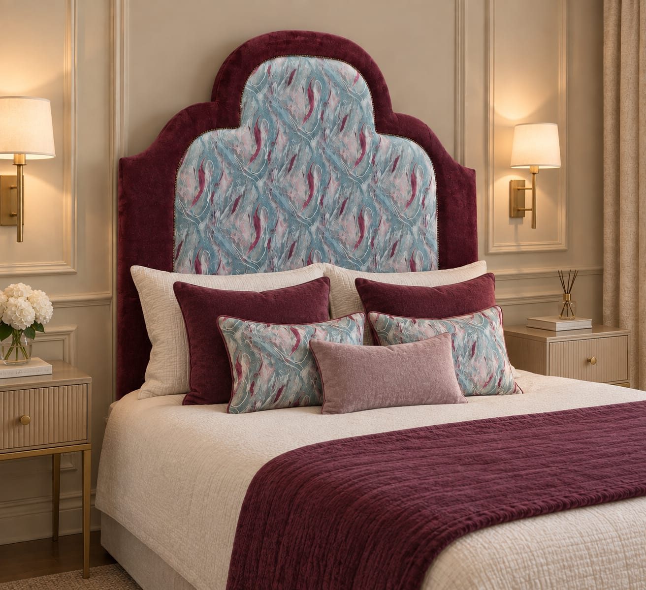 The same headboard on a made bed with pillows